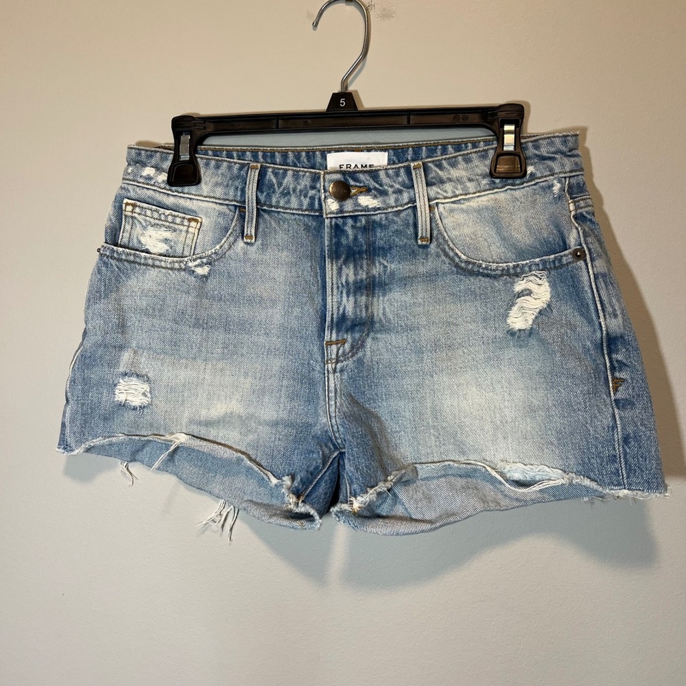 FRAME Le Grand Garcon Distressed Denim Shorts Clash Light Blue Wash Size 25